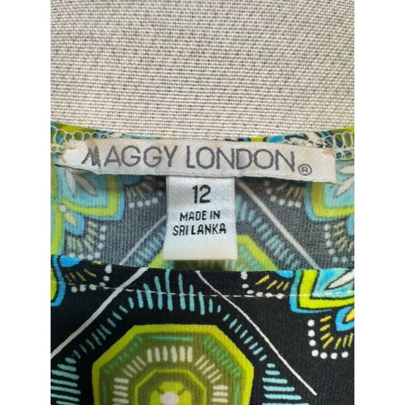 Maggy London Womens Geo Midi Shift Dress Size 12 Green Blue 3/4 Sleeve Work Boho - Picture 2 of 12